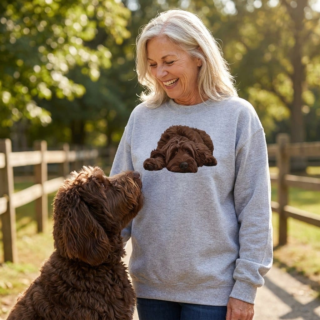 Chocolate Goldendoodle Snoozing Sweatshirt in by Puppy Jo