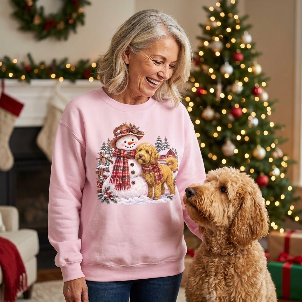 Golden Goldendoodle Christmas Snowman Sweatshirt in by Puppy Jo