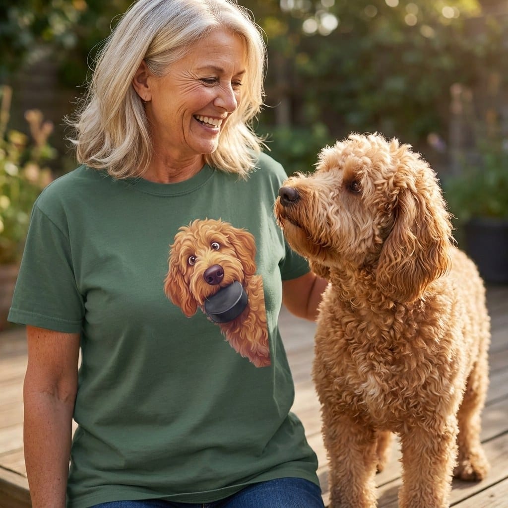 Apricot Goldendoodle Hockey Puck Signature T-Shirt in by Puppy Jo
