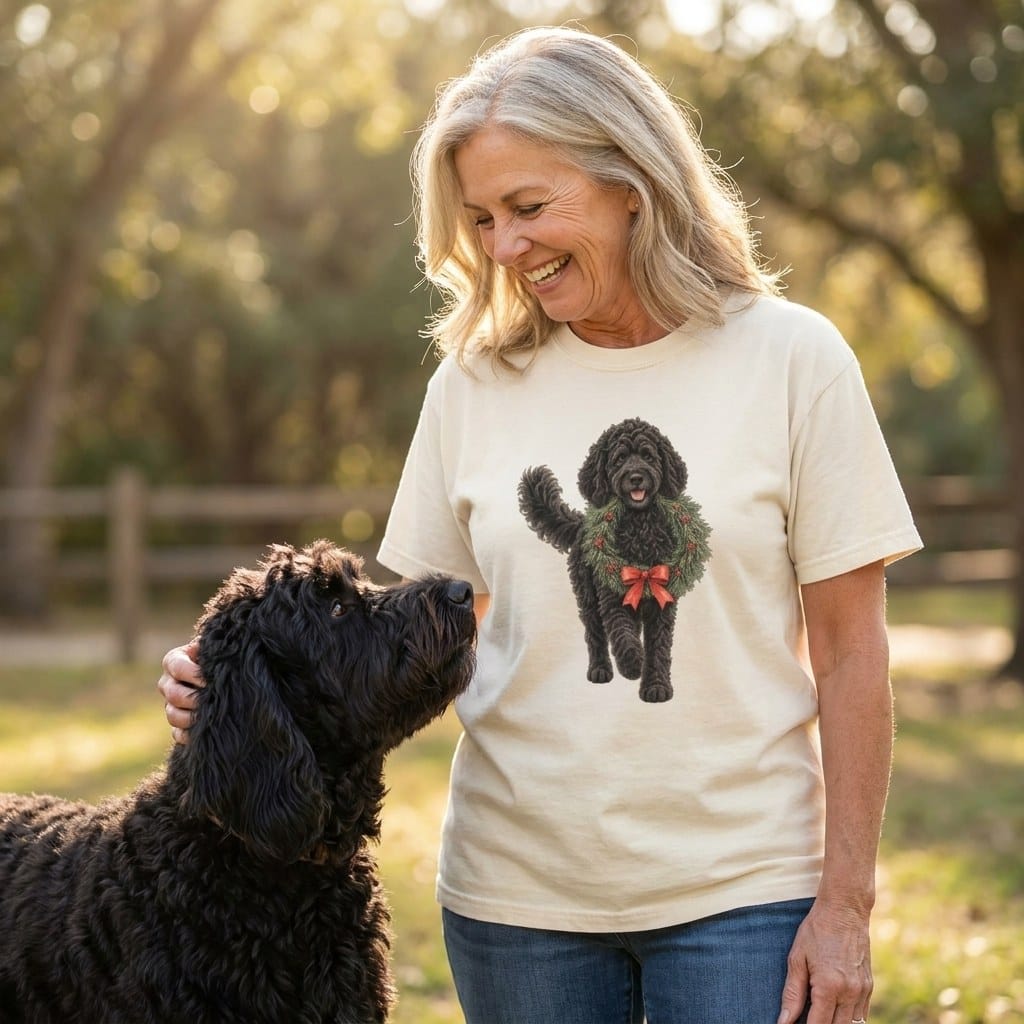 Black Goldendoodle Wreath Signature T-Shirt in by Puppy Jo