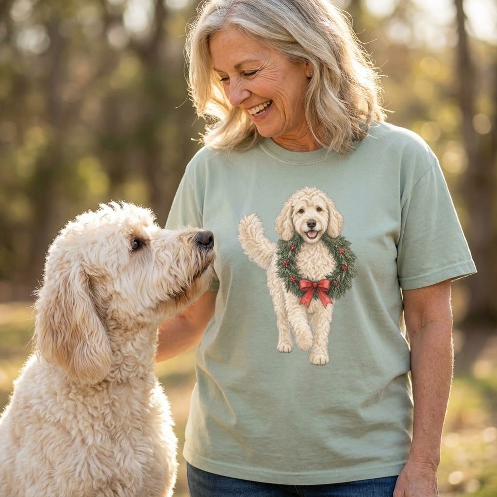 Cream Goldendoodle Wreath Signature T-Shirt in by Puppy Jo