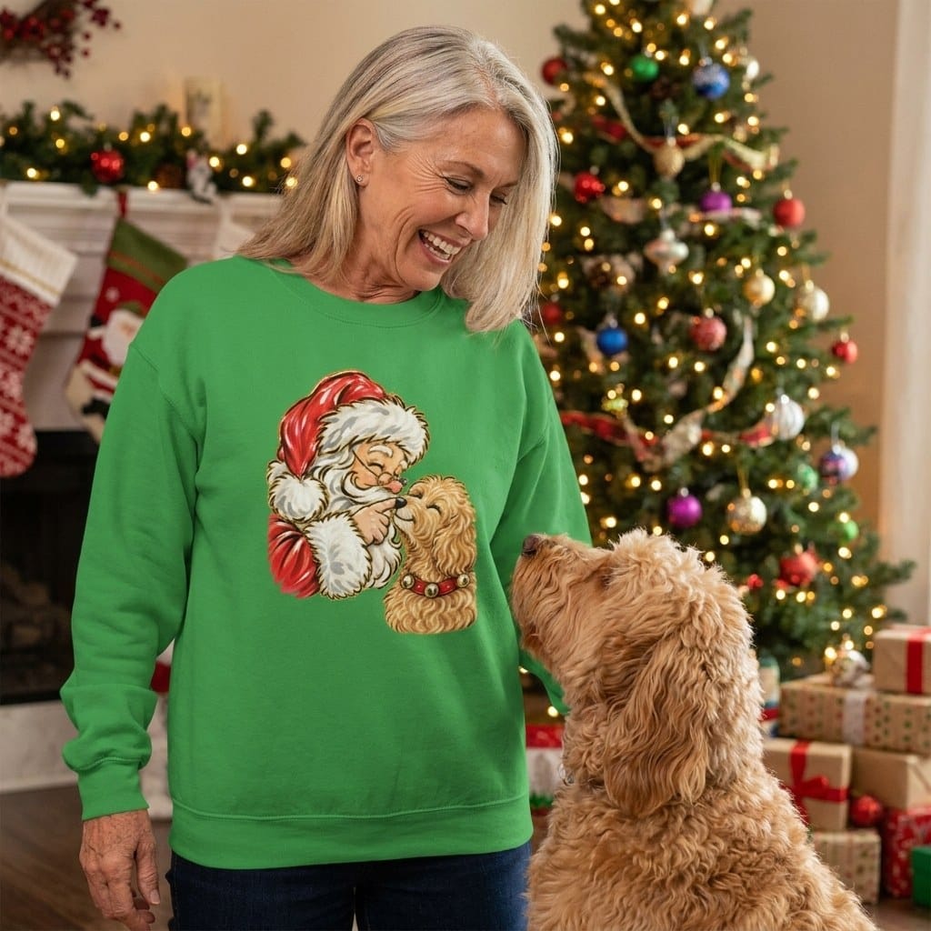 Apricot Goldendoodle Santa Kiss Sweatshirt in by Puppy Jo