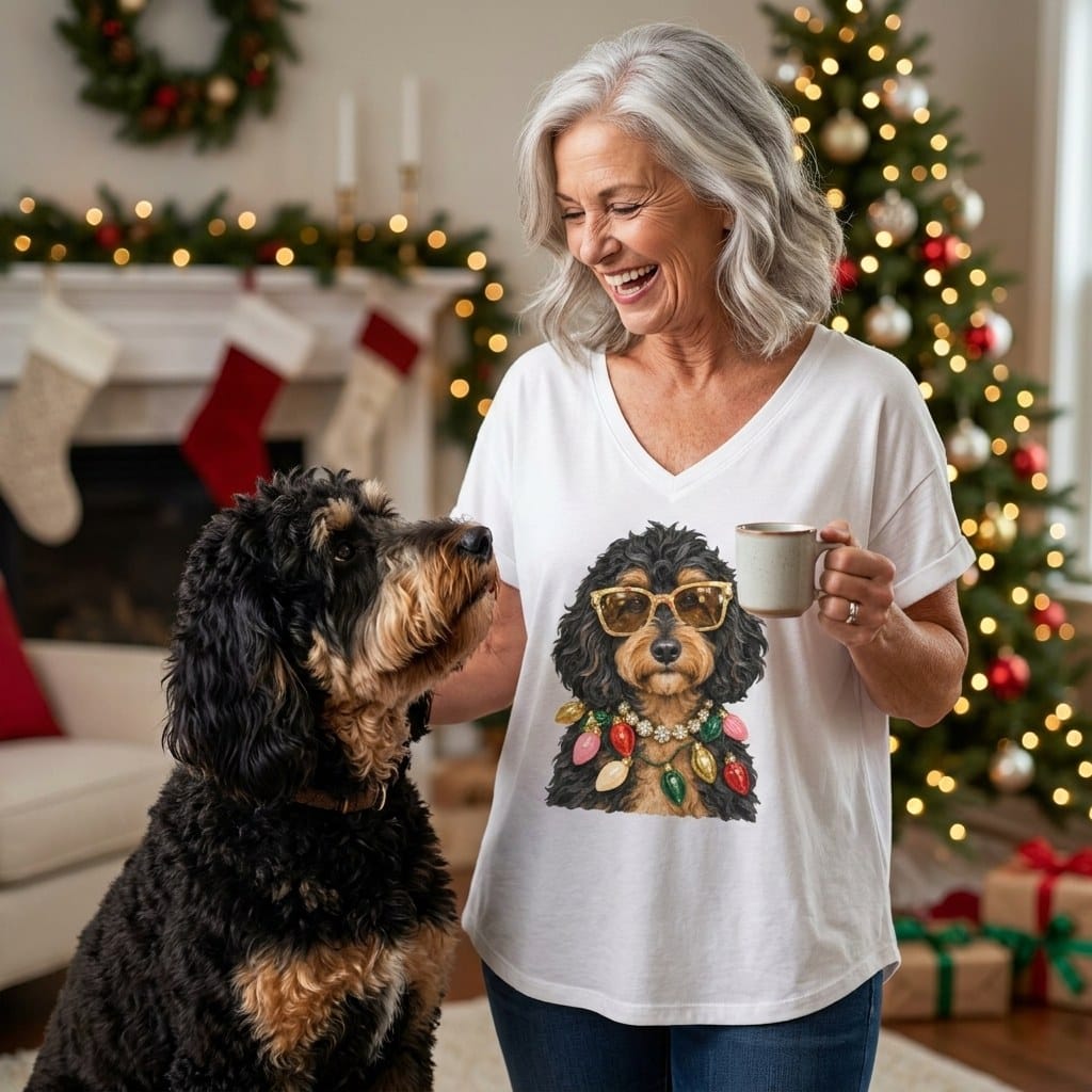 Phantom Goldendoodle Christmas Glam V-Neck T-Shirt in by Puppy Jo