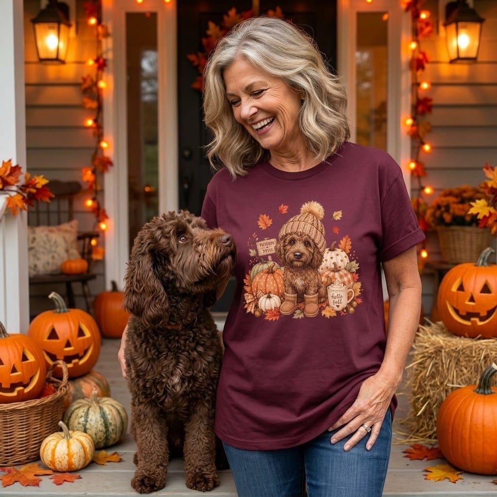 Chocolate Goldendoodle Pumpkin Patch T-Shirt in by Puppy Jo