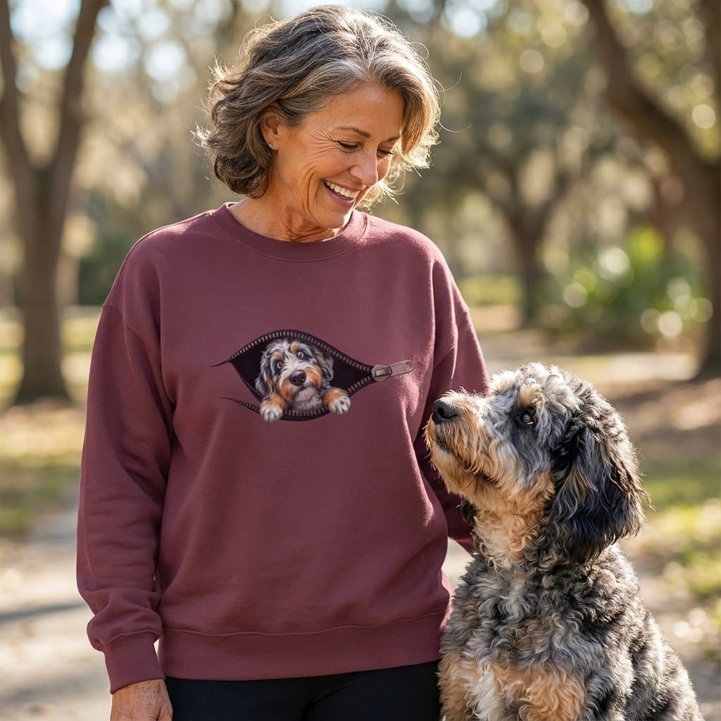 Aussiedoodle Peeking Zipper Sweatshirt in by Puppy Jo