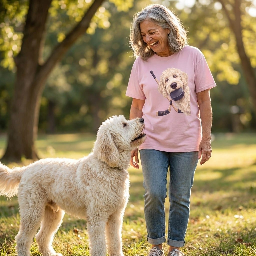 Cream Goldendoodle Hockey Signature T-Shirt in by Puppy Jo