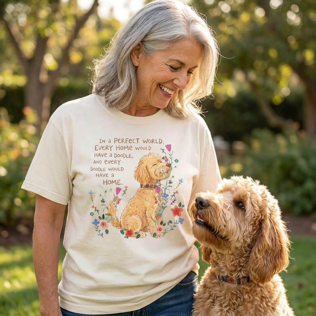 Perfect World Golden Goldendoodle Signature T-Shirt in by Puppy Jo