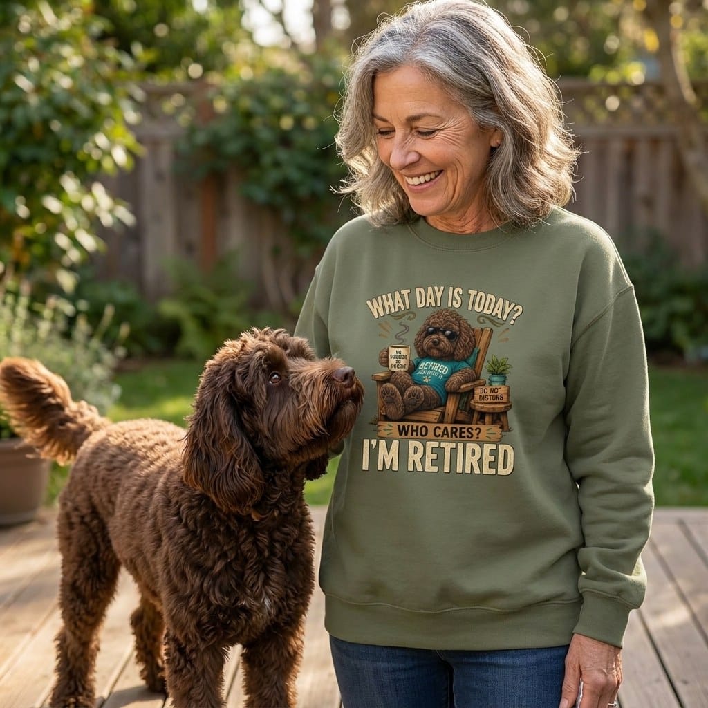 I'm Retired Chocolate Goldendoodle Sweatshirt in by Puppy Jo