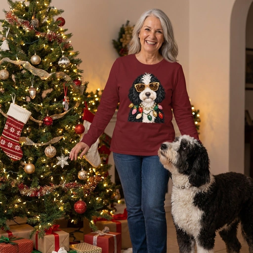 Sheepadoodle Christmas Glam Long Sleeve T-Shirt in by Puppy Jo