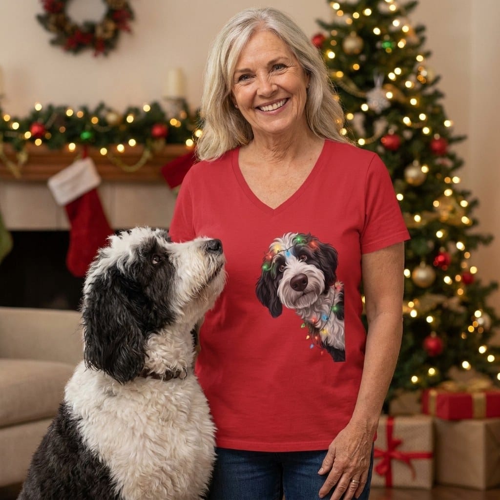 Peeking Sheepadoodle Holiday V-Neck T-Shirt in by Puppy Jo