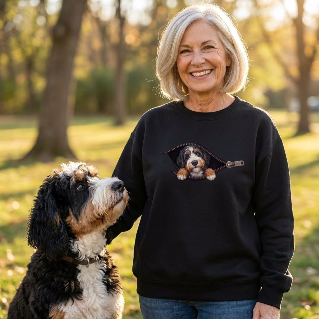 Bernedoodle Peeking Zipper Sweatshirt in by Puppy Jo
