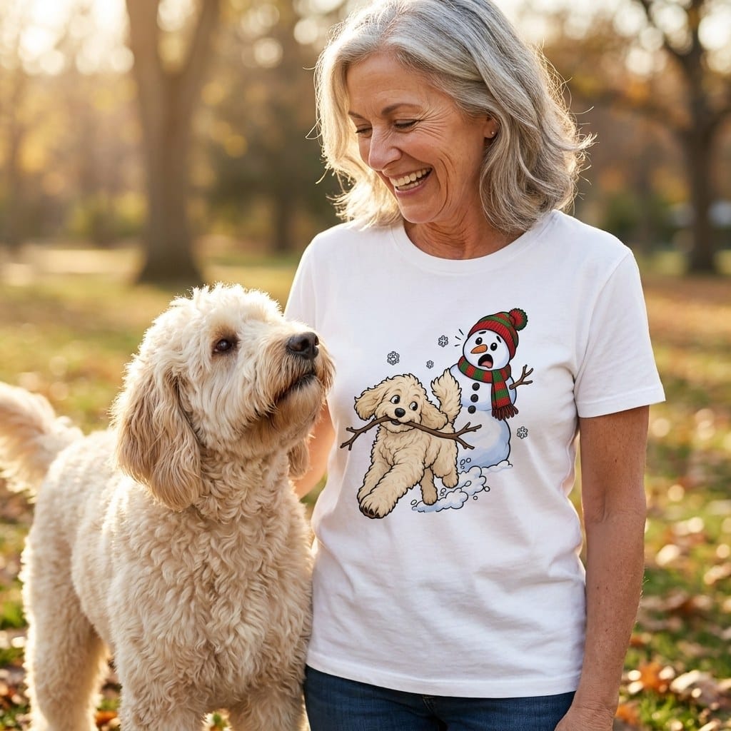 Cream Goldendoodle Snowman T-Shirt in by Puppy Jo