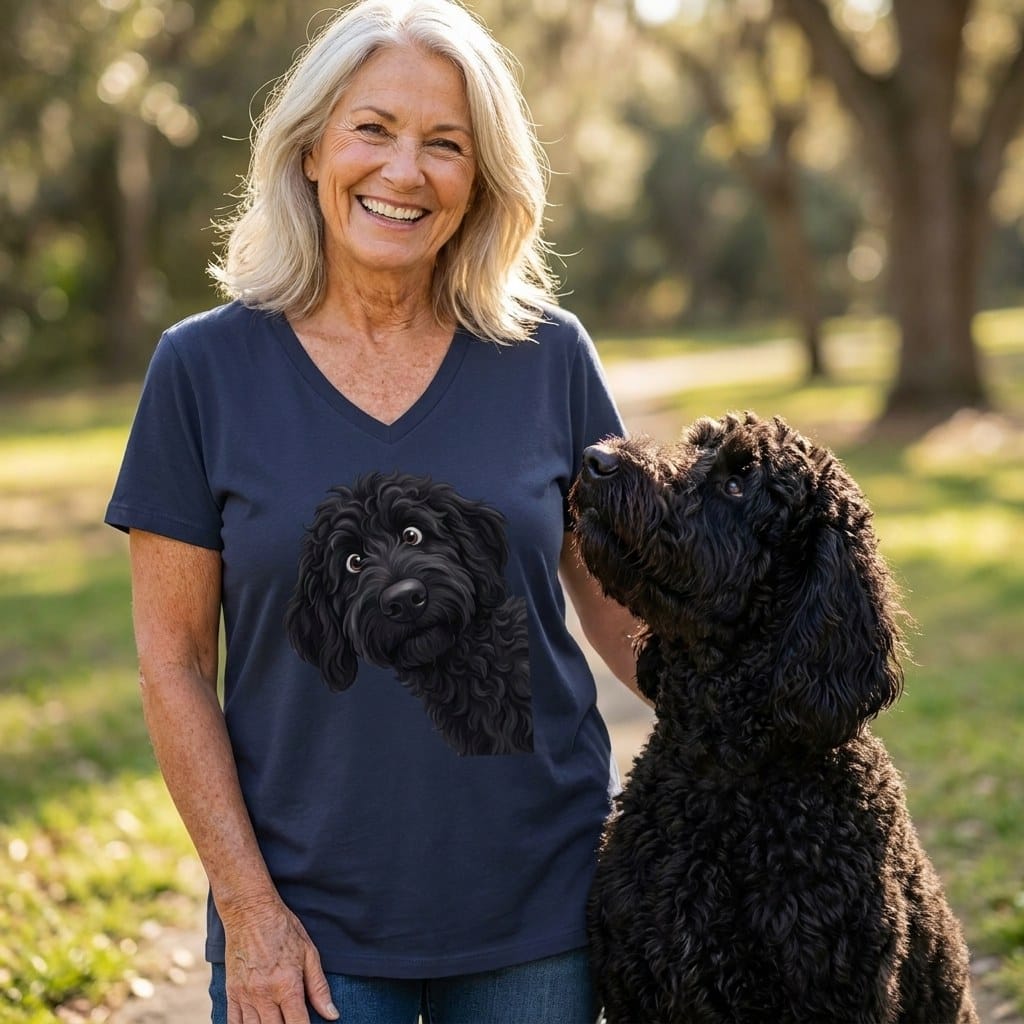 Funny Peeking Black Goldendoodle V-Neck T-Shirt in by Puppy Jo