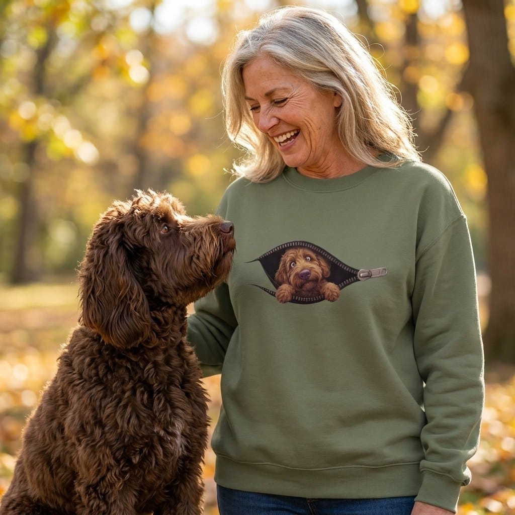 Chocolate Goldendoodle Peeking Zipper Sweatshirt in by Puppy Jo