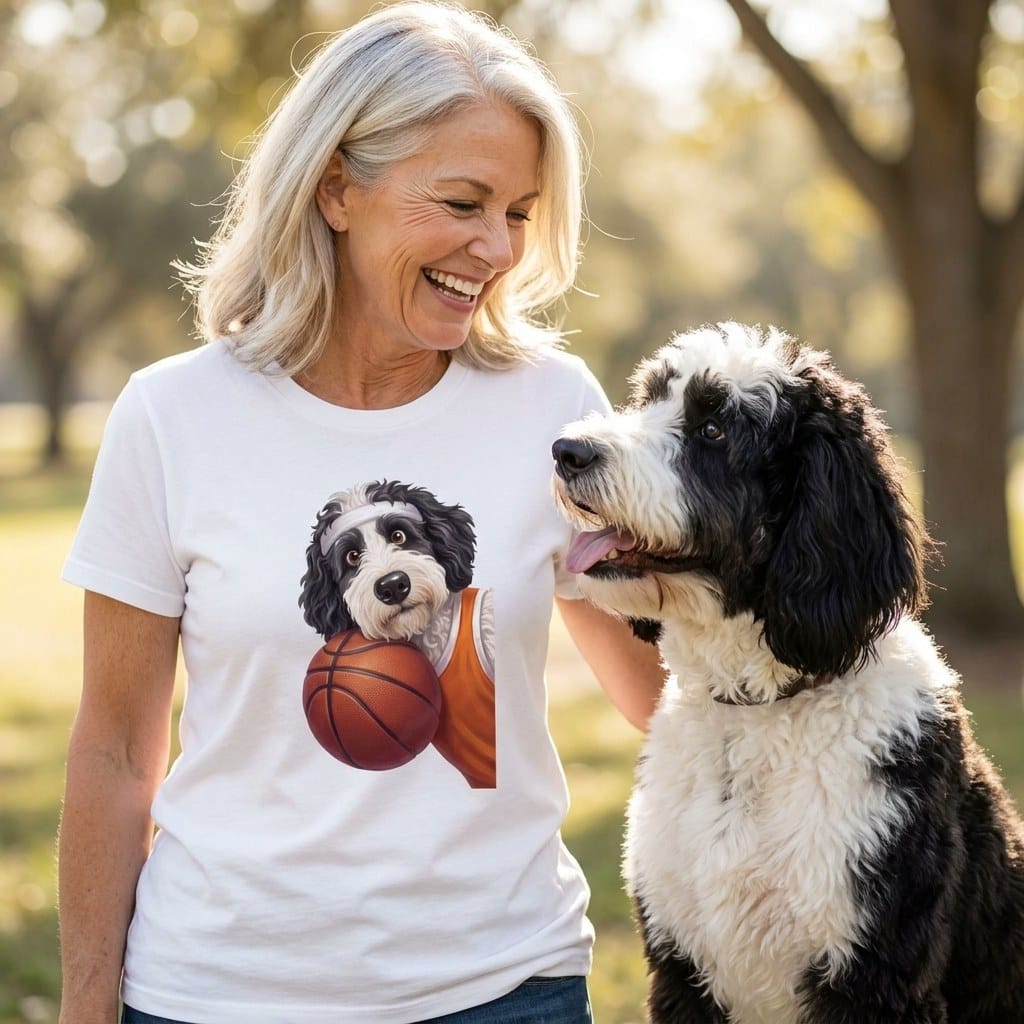 Sheepadoodle Basketball Player T-Shirt in by Puppy Jo