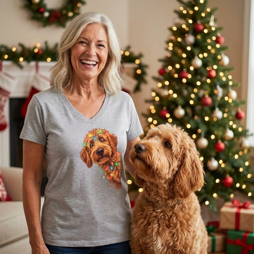 Peeking Apricot Goldendoodle Holiday V-Neck T-Shirt in by Puppy Jo
