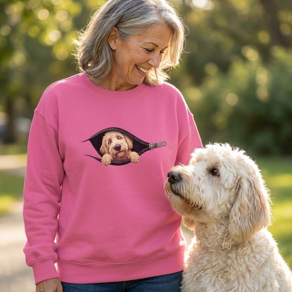 Cream Goldendoodle Peeking Zipper Sweatshirt in by Puppy Jo