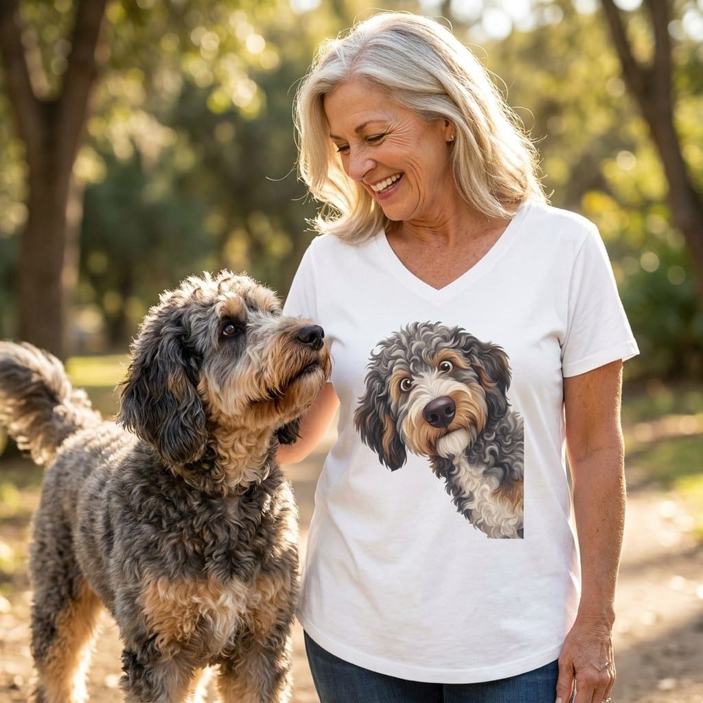 Funny Peeking Aussiedoodle V-Neck T-Shirt in by Puppy Jo