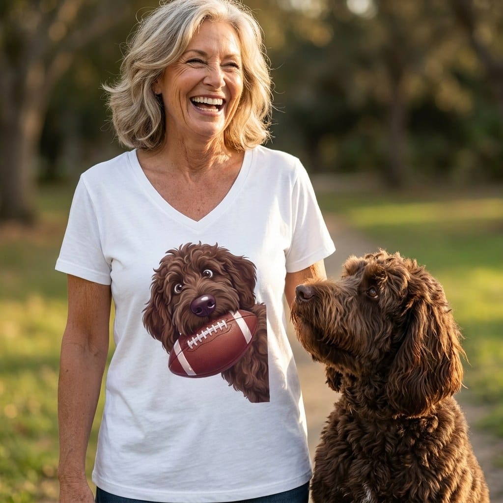 Chocolate Goldendoodle Football V-Neck T-Shirt in by Puppy Jo