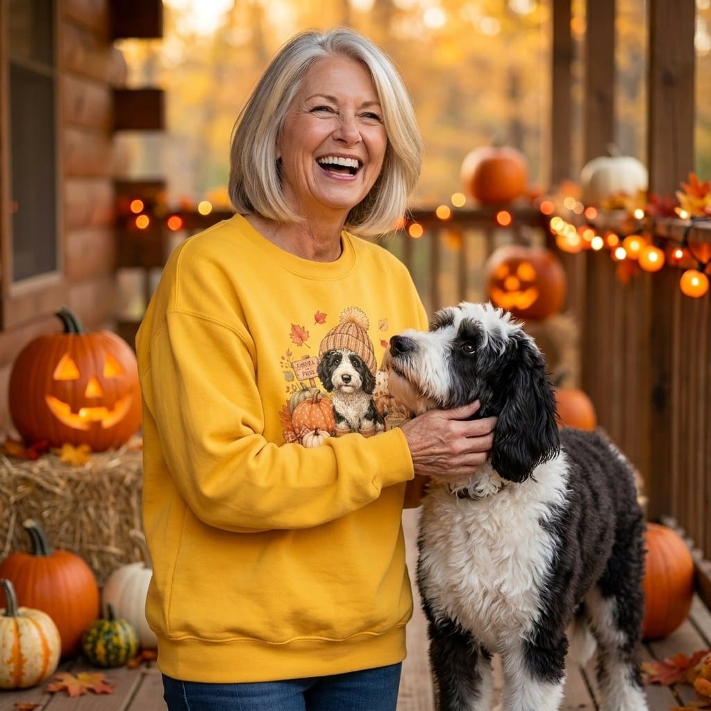 Sheepadoodle Pumpkin Patch Sweatshirt in by Puppy Jo