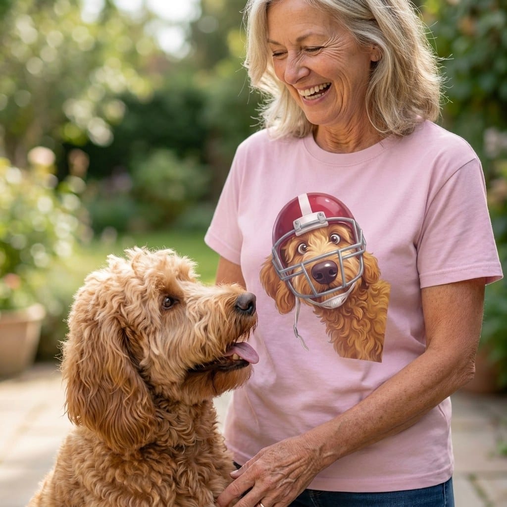 Apricot Goldendoodle Football Helmet Signature T-Shirt in by Puppy Jo