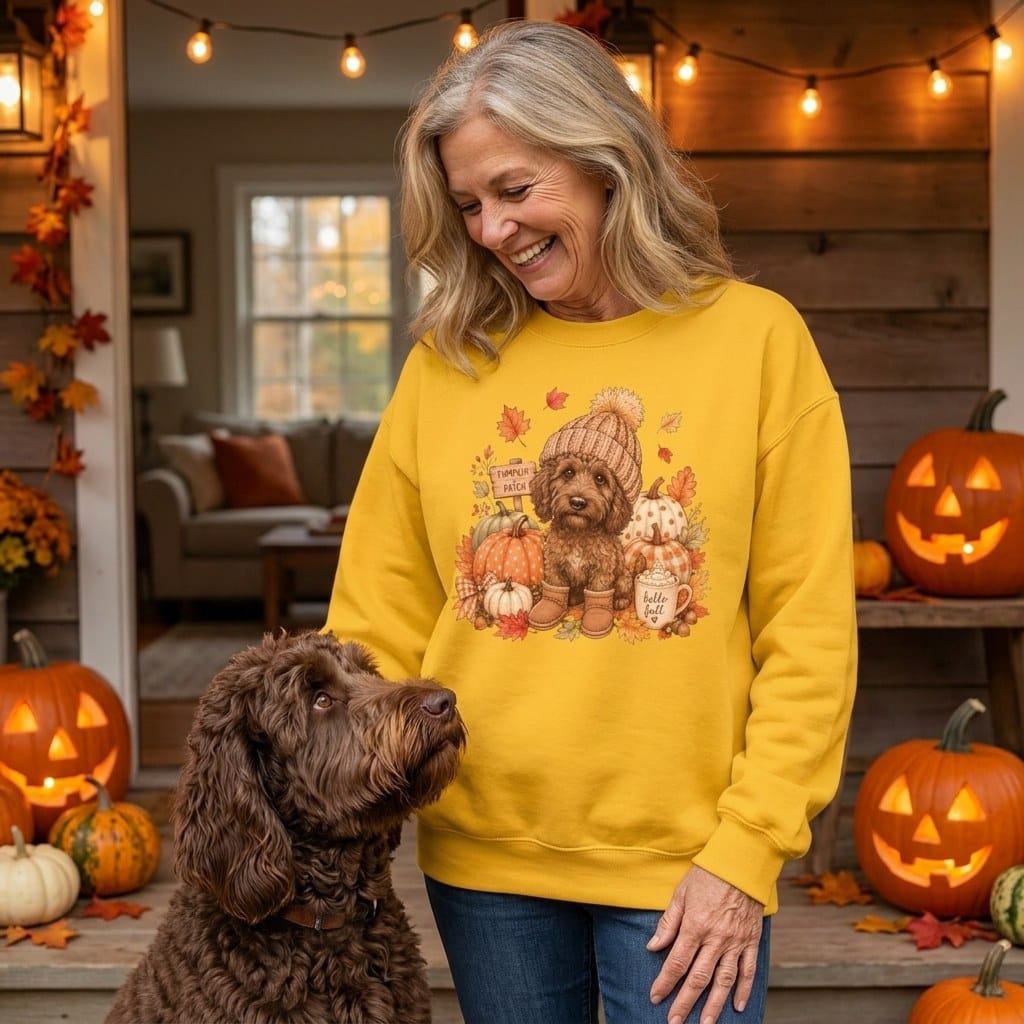 Chocolate Goldendoodle Pumpkin Patch Sweatshirt in by Puppy Jo