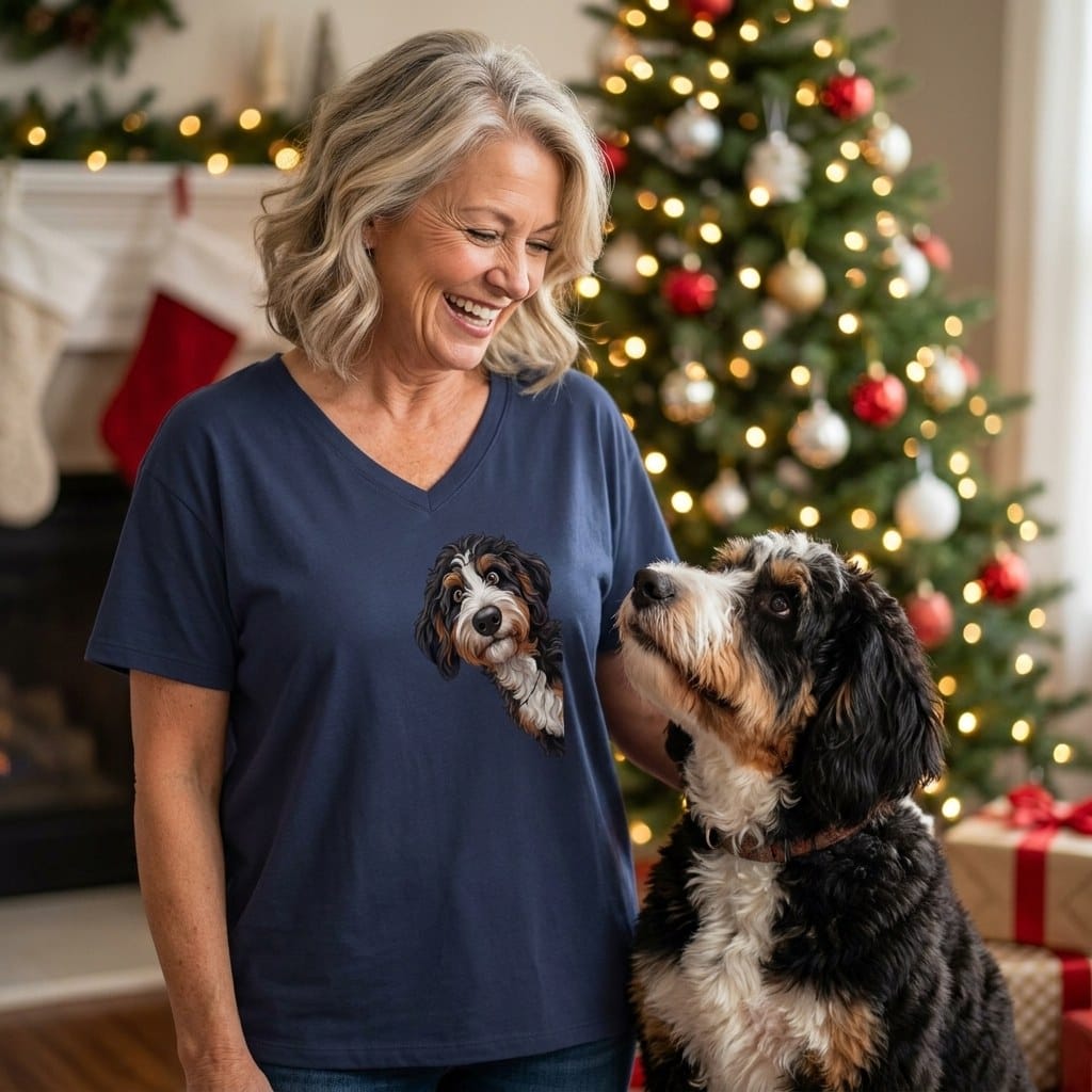 Peeking Bernedoodle Holiday V-Neck T-Shirt in by Puppy Jo