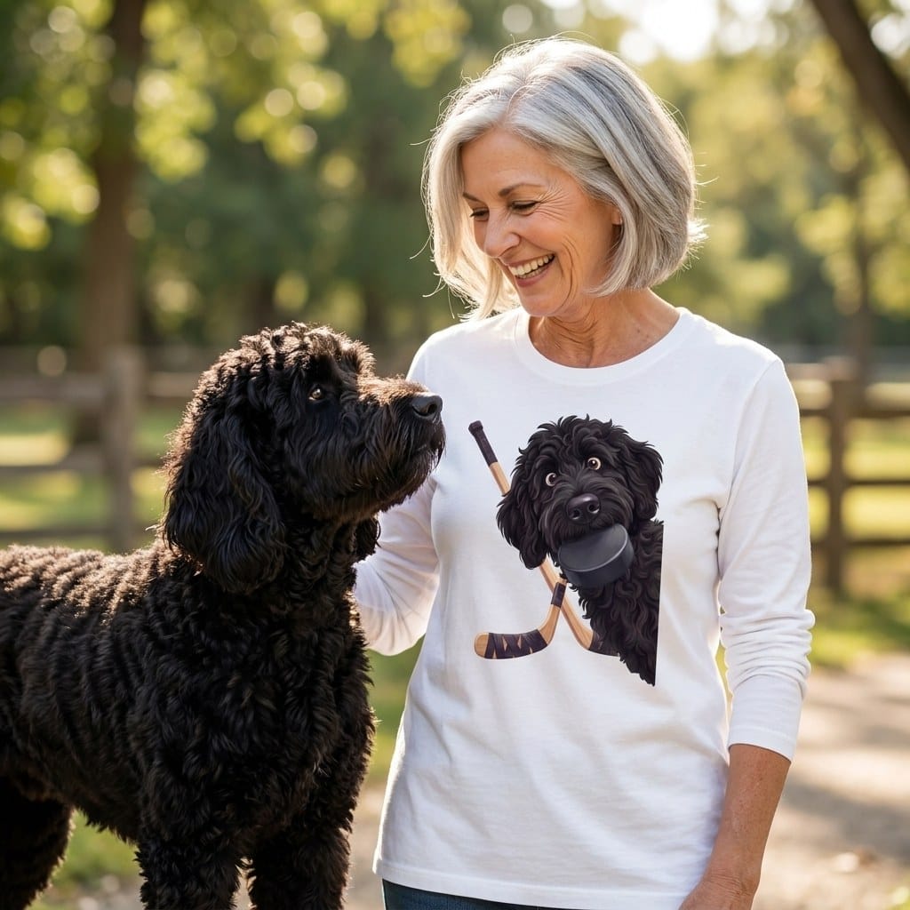 Black Goldendoodle Hockey Long Sleeve T-Shirt in by Puppy Jo