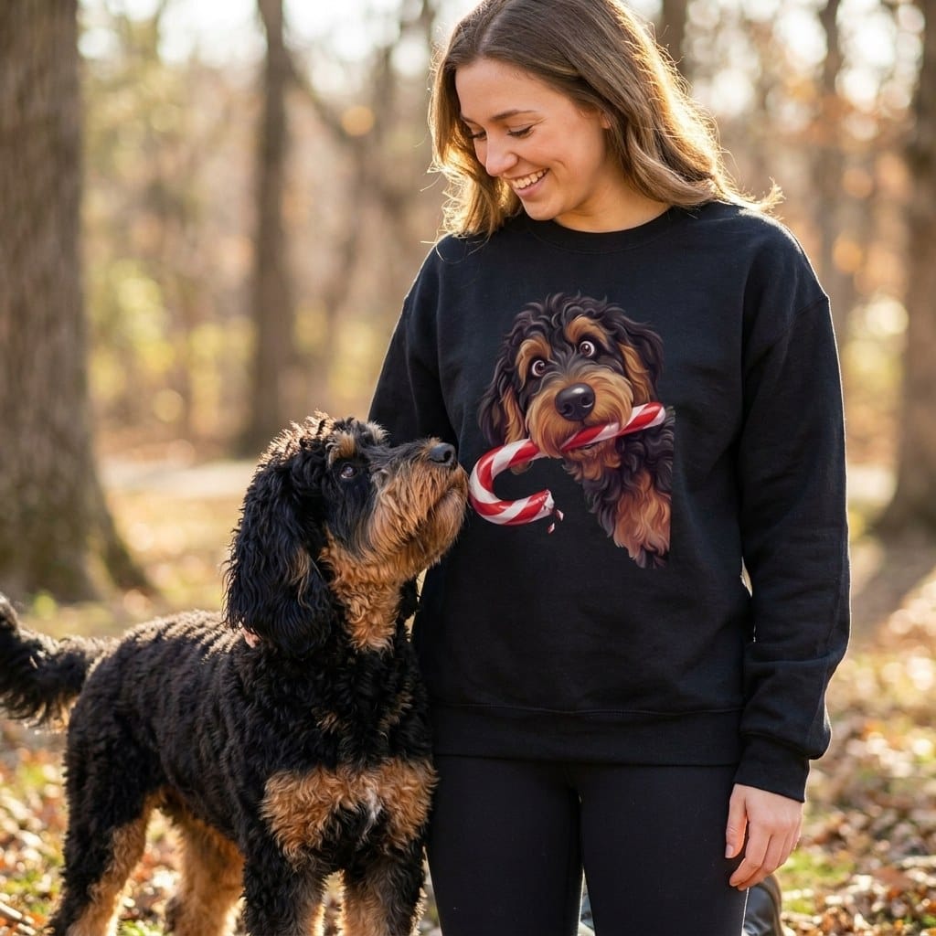 Phantom Goldendoodle Candy Cane Thief Sweatshirt in by Puppy Jo
