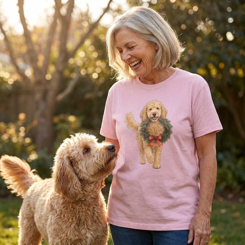 Golden Goldendoodle Wreath Signature T-Shirt in by Puppy Jo
