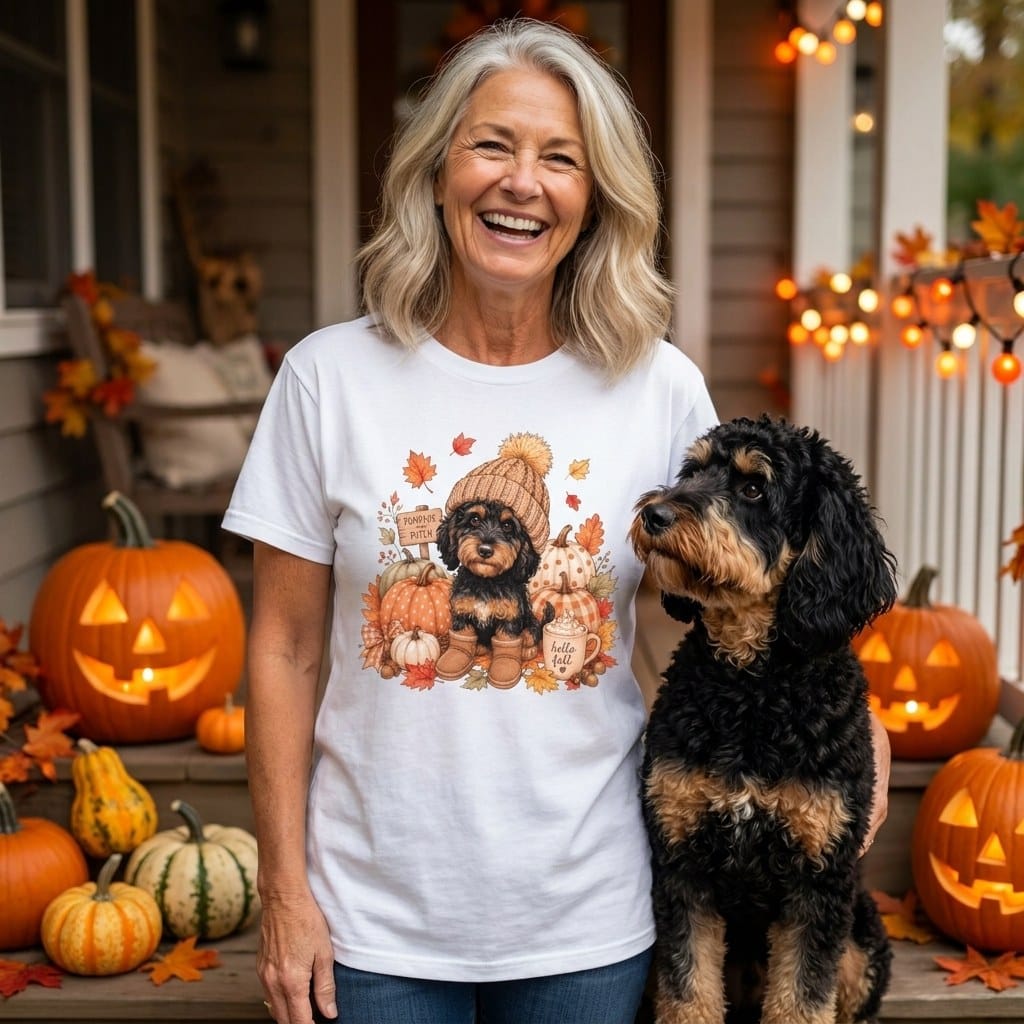 Phantom Goldendoodle Pumpkin Patch Signature T-Shirt in by Puppy Jo