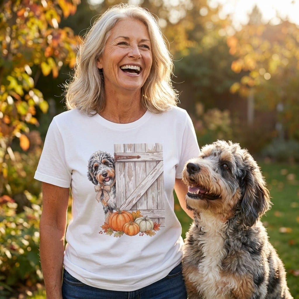 Aussiedoodle Barn Peeking T-Shirt in by Puppy Jo