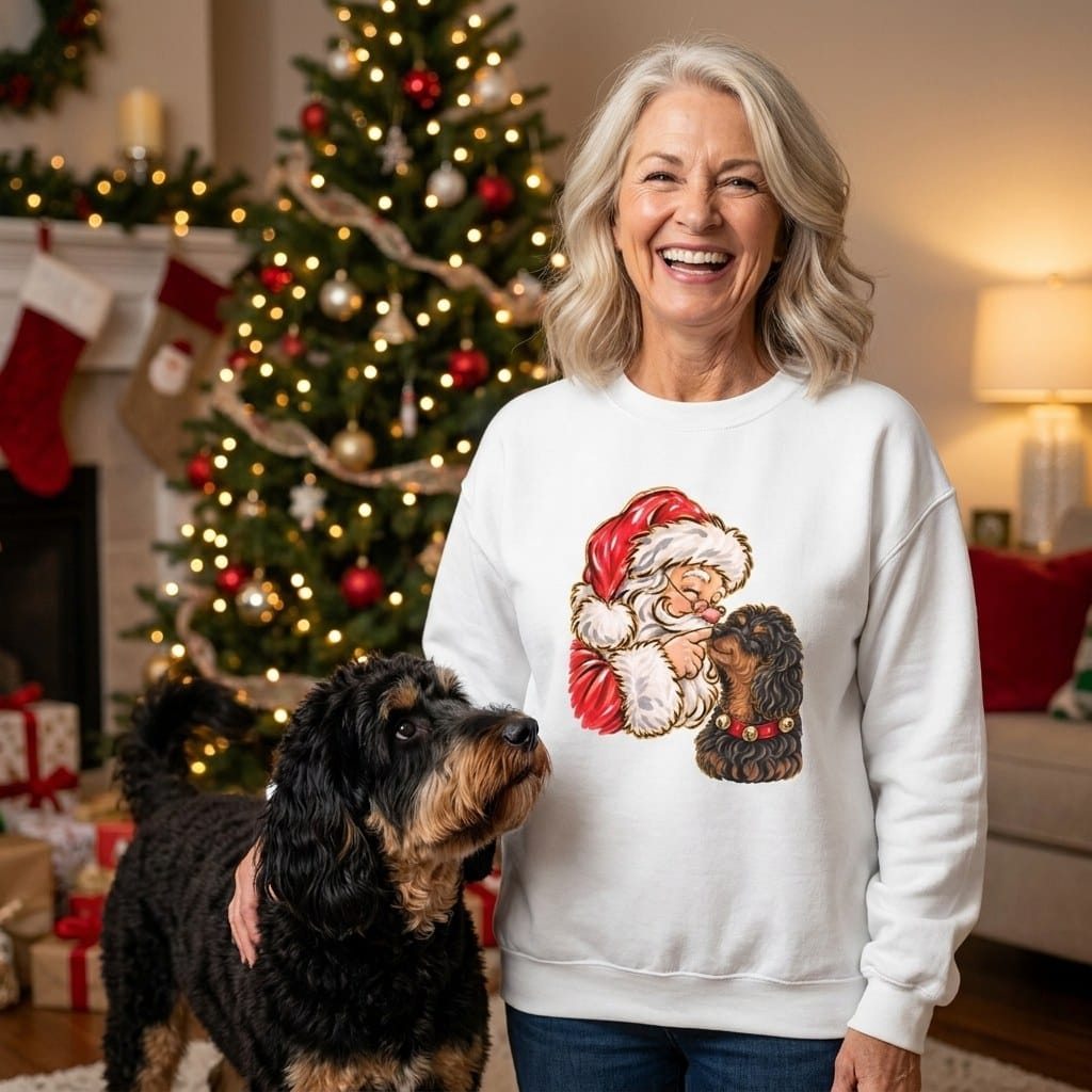 Phantom Goldendoodle Santa Kiss Sweatshirt in by Puppy Jo