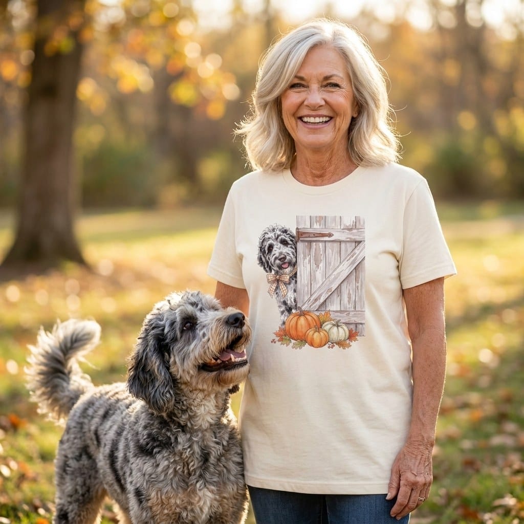 Merle Goldendoodle Barn Peeking T-Shirt in by Puppy Jo