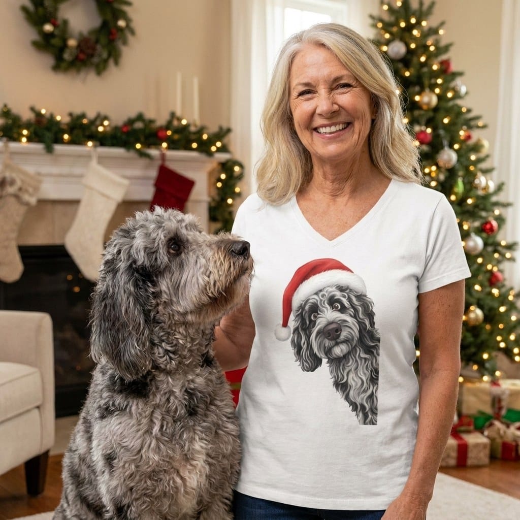 Merle Goldendoodle Holiday Santa V-Neck T-Shirt in by Puppy Jo