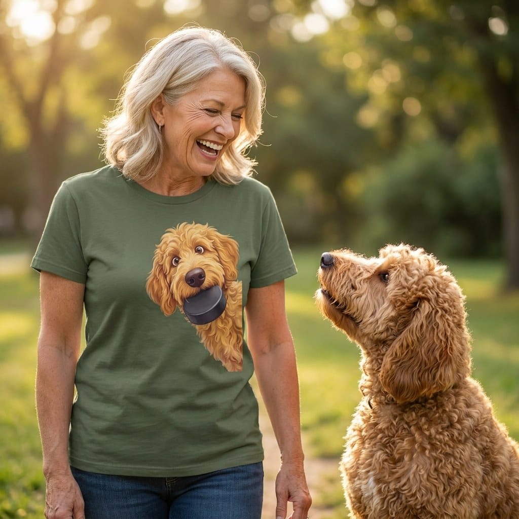 Golden Goldendoodle Hockey Puck Signature T-Shirt in by Puppy Jo