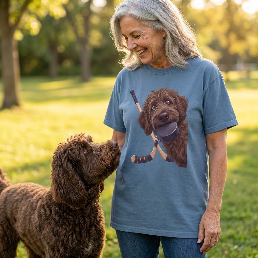 Chocolate Goldendoodle Hockey Signature T-Shirt in by Puppy Jo