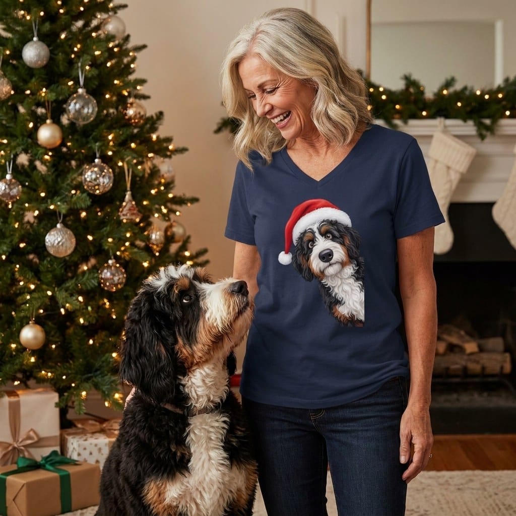 Bernedoodle Holiday Santa V-Neck T-Shirt in by Puppy Jo