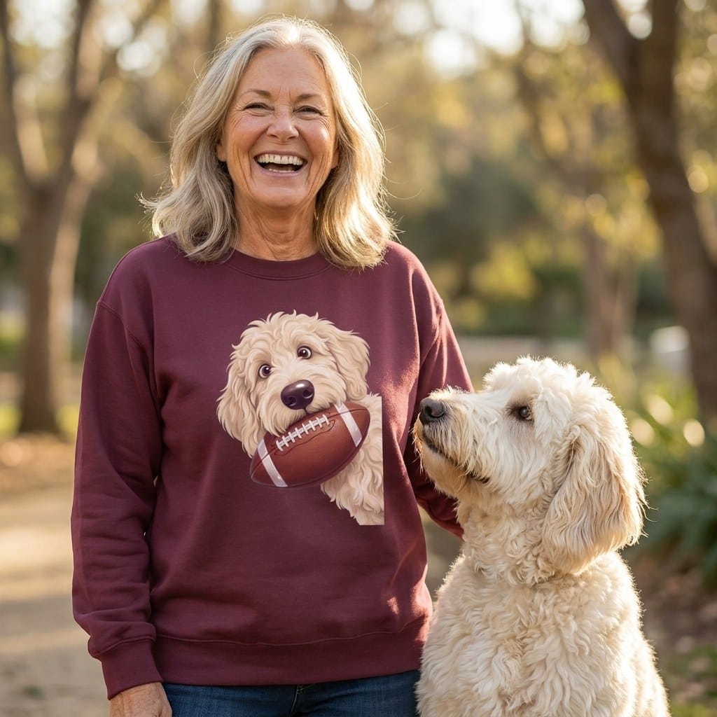Cream Goldendoodle Football Sweatshirt in by Puppy Jo