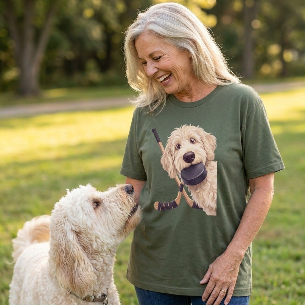 Cream Goldendoodle Hockey T-Shirt in by Puppy Jo