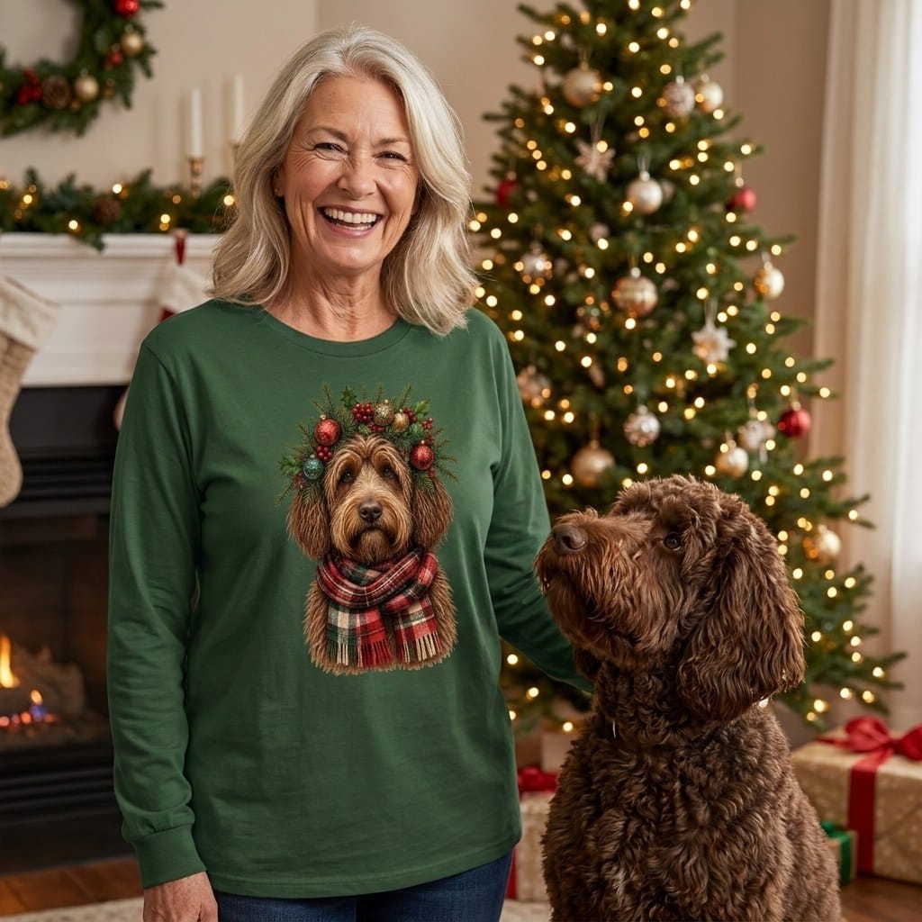 Chocolate Goldendoodle Holiday Crown Long Sleeve T-Shirt in by MyDesigns