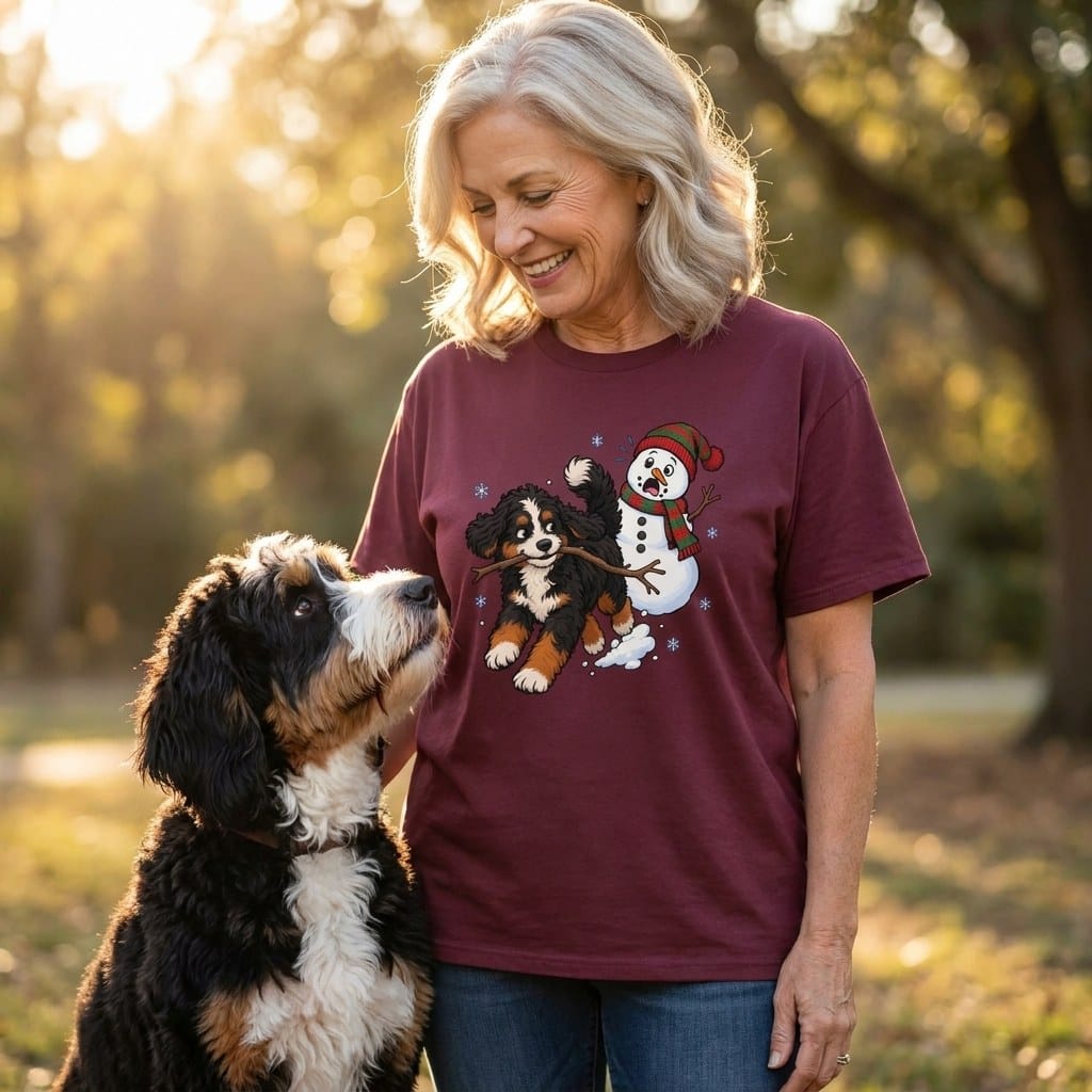Bernedoodle Snowman T-Shirt in by Puppy Jo