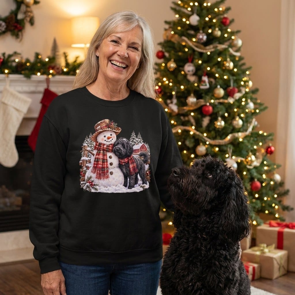 Black Goldendoodle Christmas Snowman Sweatshirt in by Puppy Jo