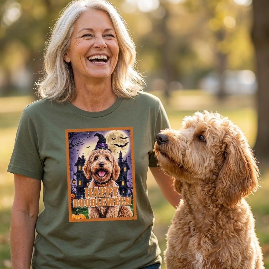 Apricot Goldendoodle Happy Doodleween T-Shirt in by Puppy Jo