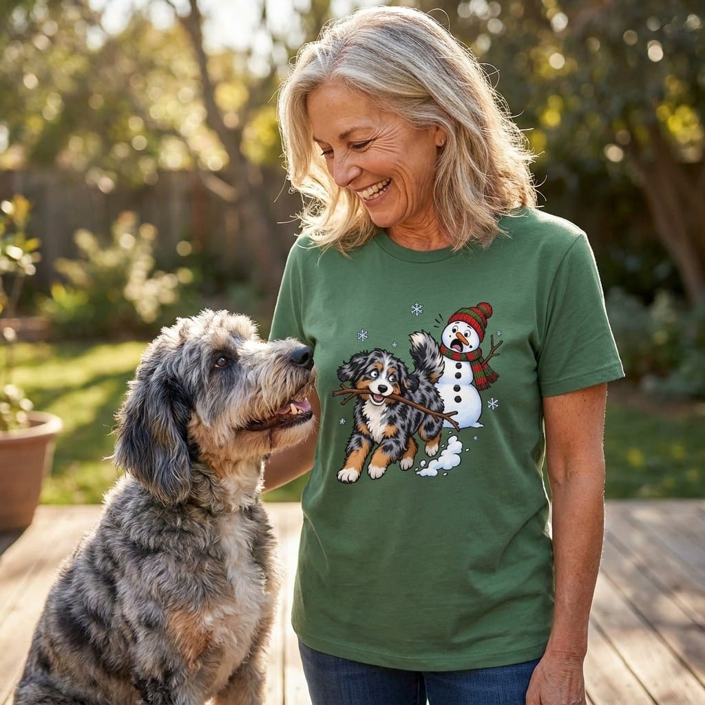 Aussiedoodle Snowman T-Shirt in by Puppy Jo