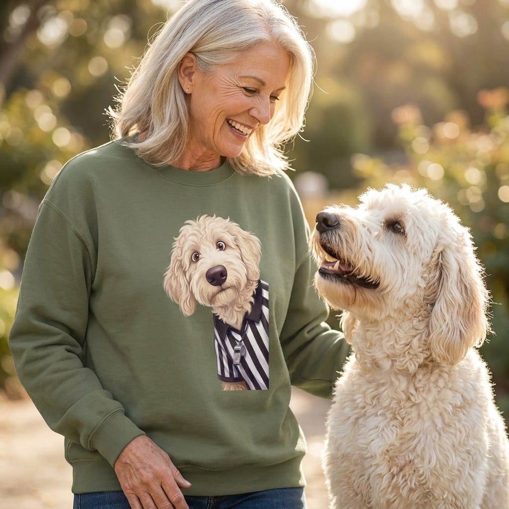 Cream Goldendoodle Football Referee Sweatshirt in by Puppy Jo