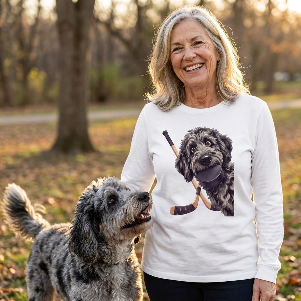 Merle Goldendoodle Hockey Long Sleeve T-Shirt in by Puppy Jo