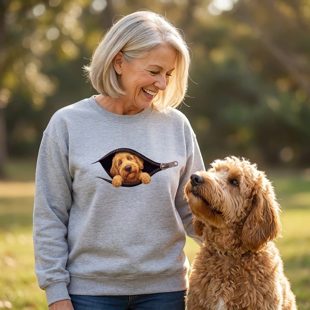 Golden Goldendoodle Peeking Zipper Sweatshirt in by Puppy Jo