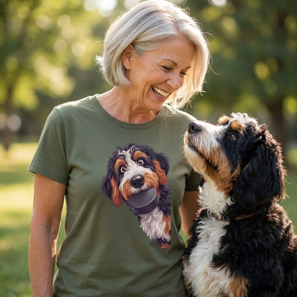 Bernedoodle Hockey Puck T-Shirt in by Puppy Jo