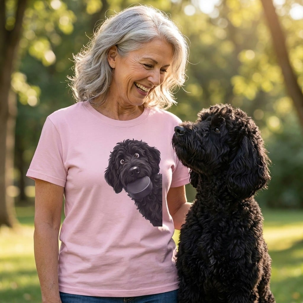 Black Goldendoodle Hockey Puck Signature T-Shirt in by Puppy Jo